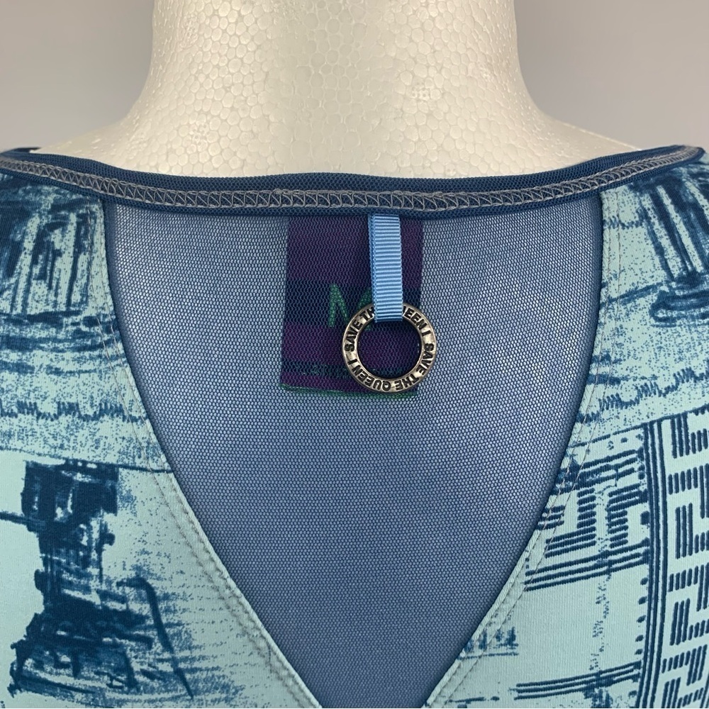 Save the Queen Vintage Graphic Top Sheer Panels Embellished 3/4 Sleeves Blues MS - Picture 3 of 16